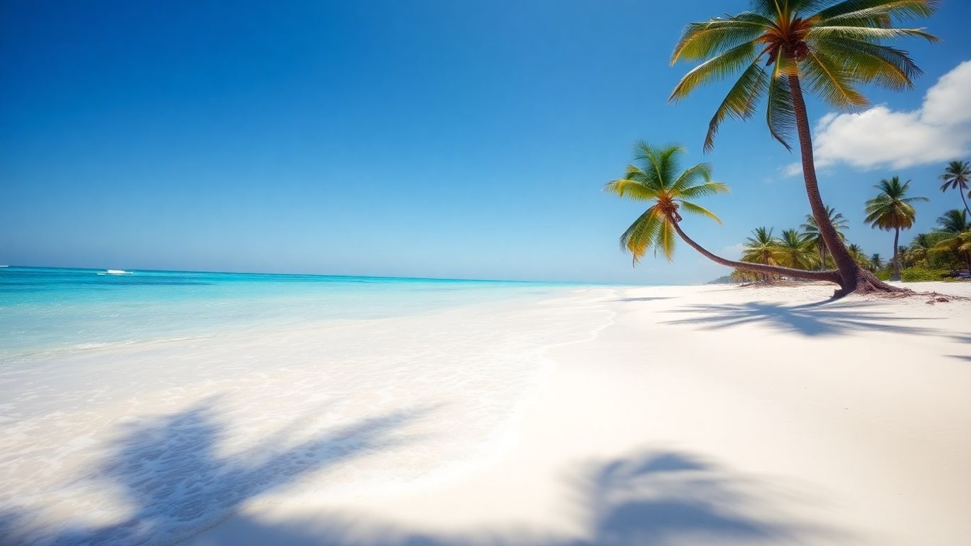 Sunny beach with clear water and white sand.