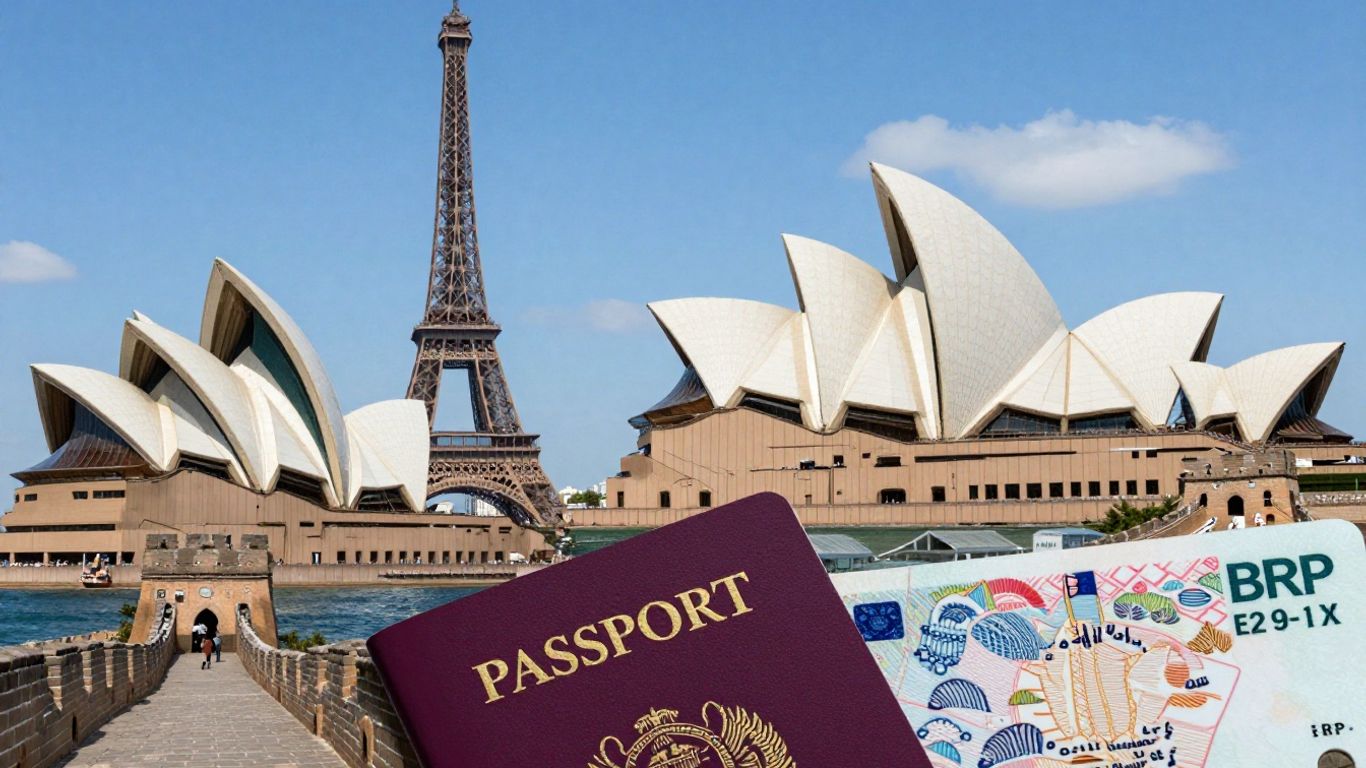 Global landmarks with UK passport and BRP card.