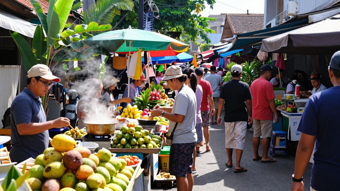 Balinese food stalls with exotic fruits and local dishes.