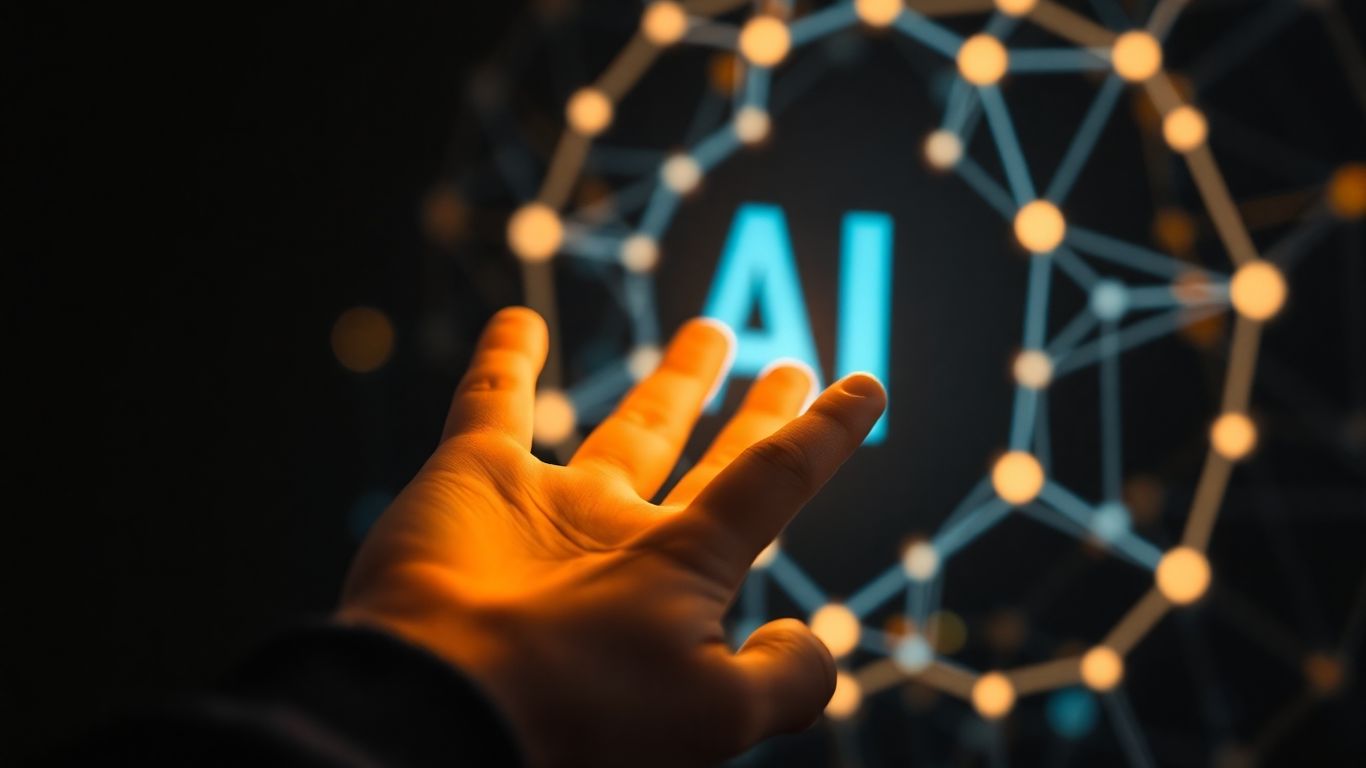 Human hand interacting with glowing AI