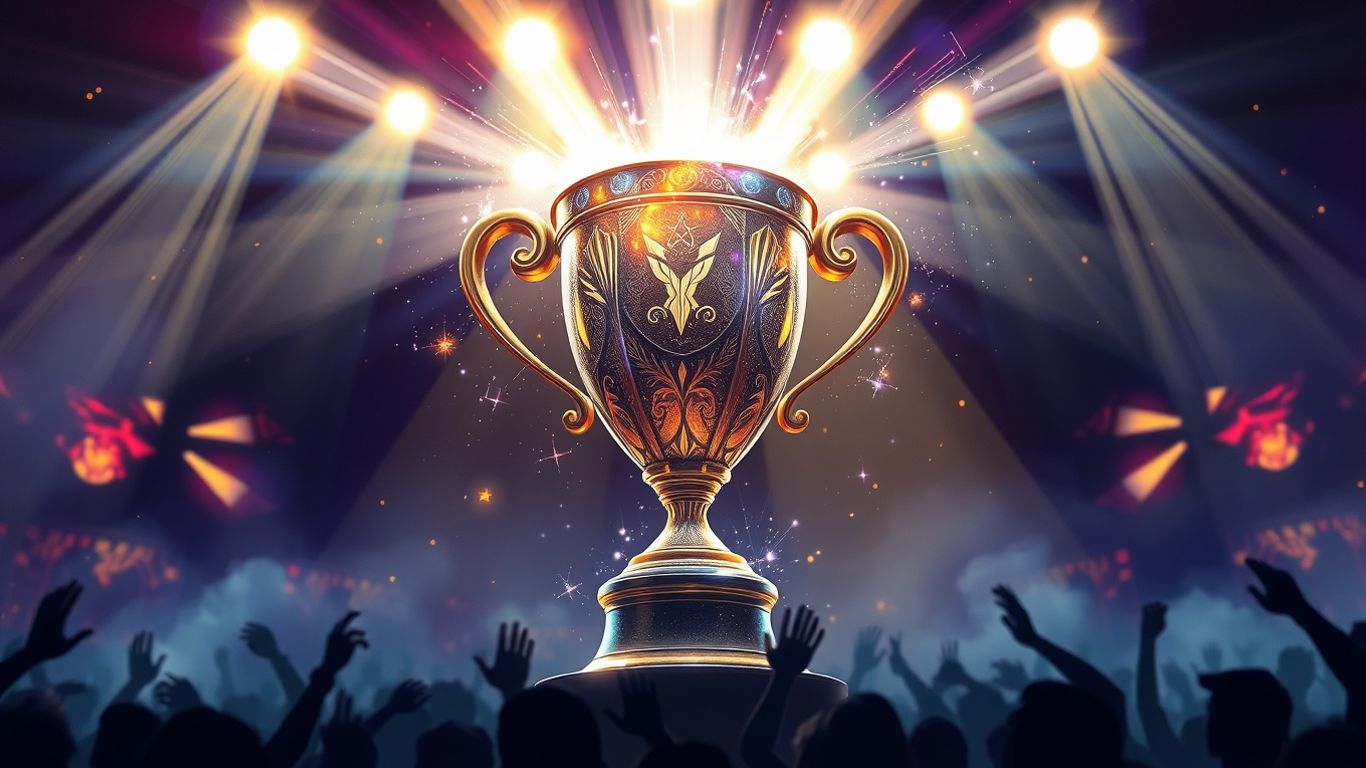 LOL Worlds 2025 Summoner's Cup trophy with energetic background.