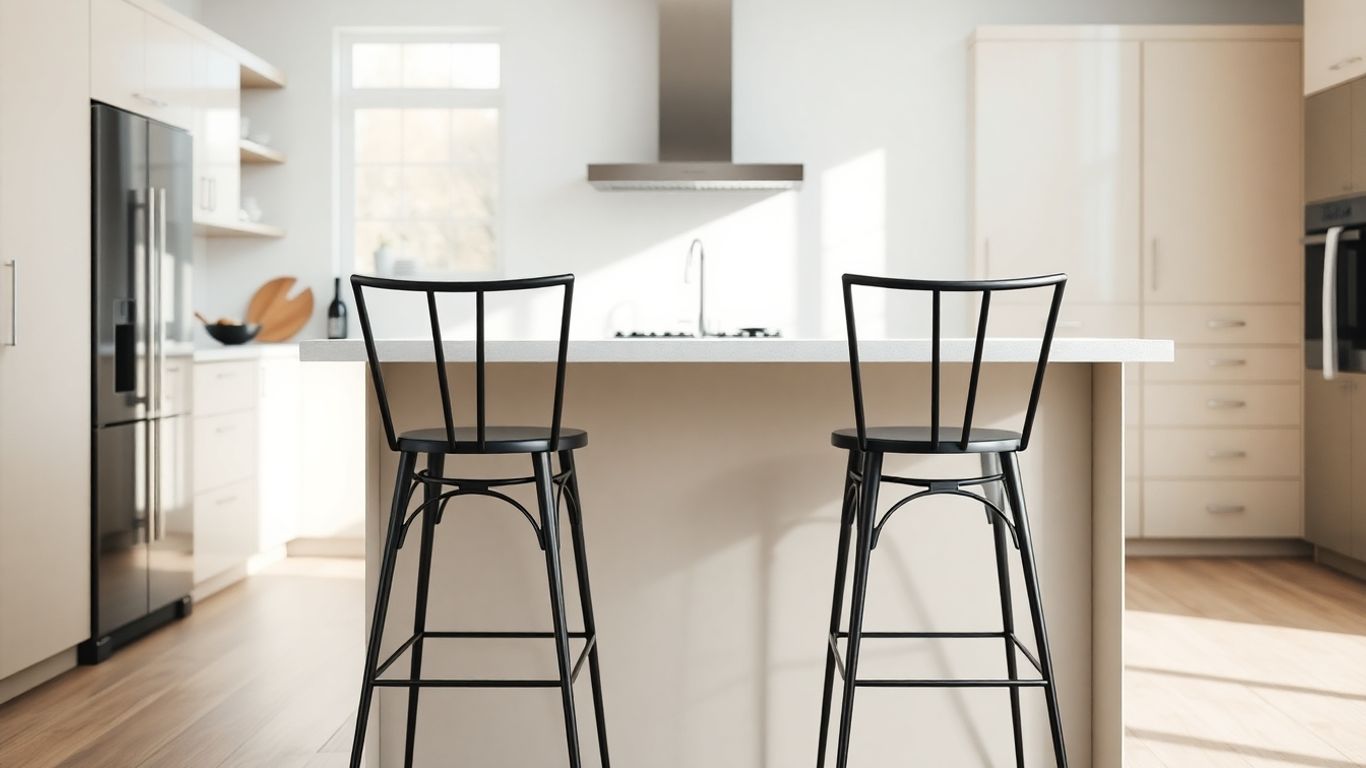 Black metal bar stools in a modern kitchen.