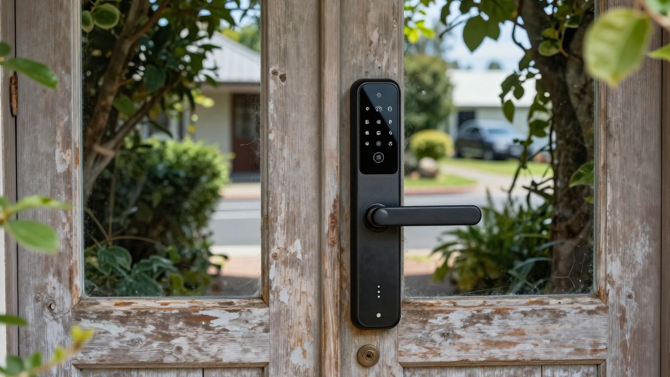 Smart lock on a traditional New Zealand home's front door.