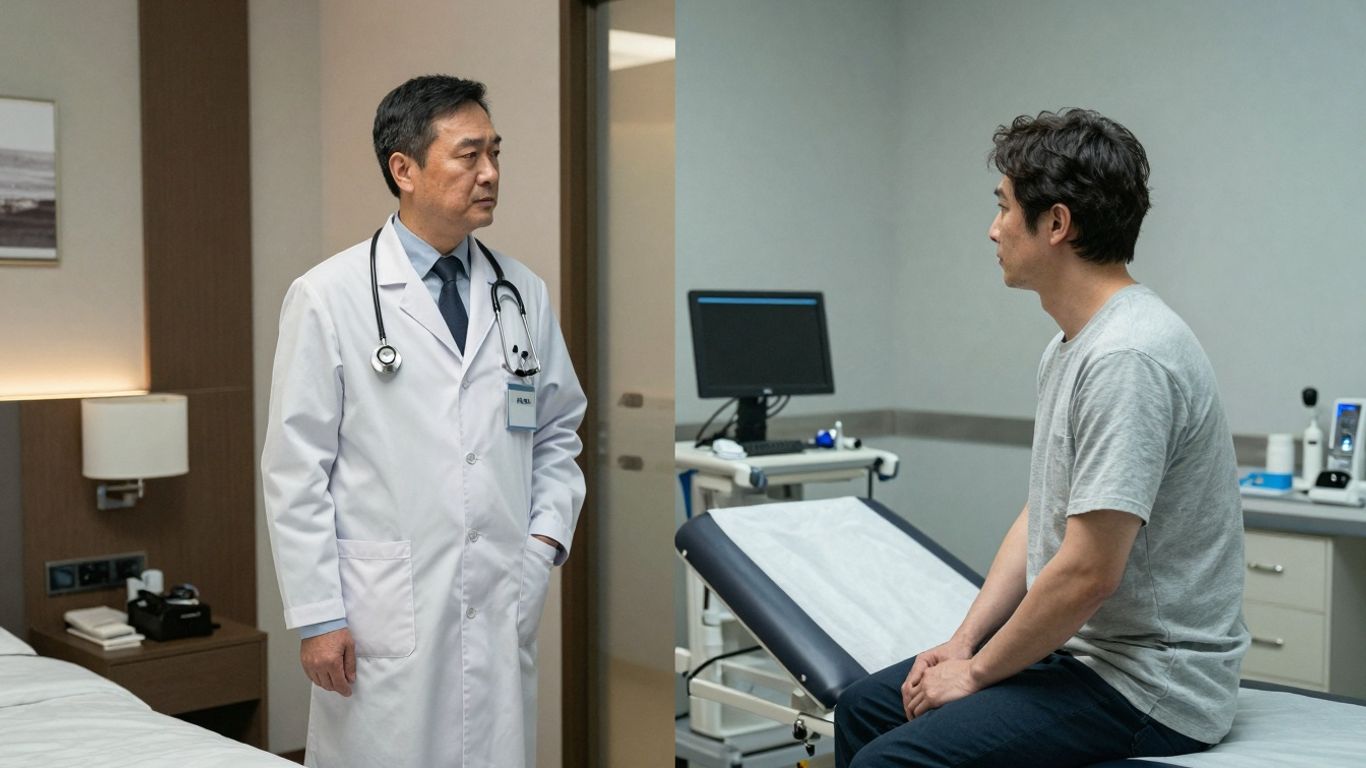 Doctor in hotel room and patient in clinic examination room.