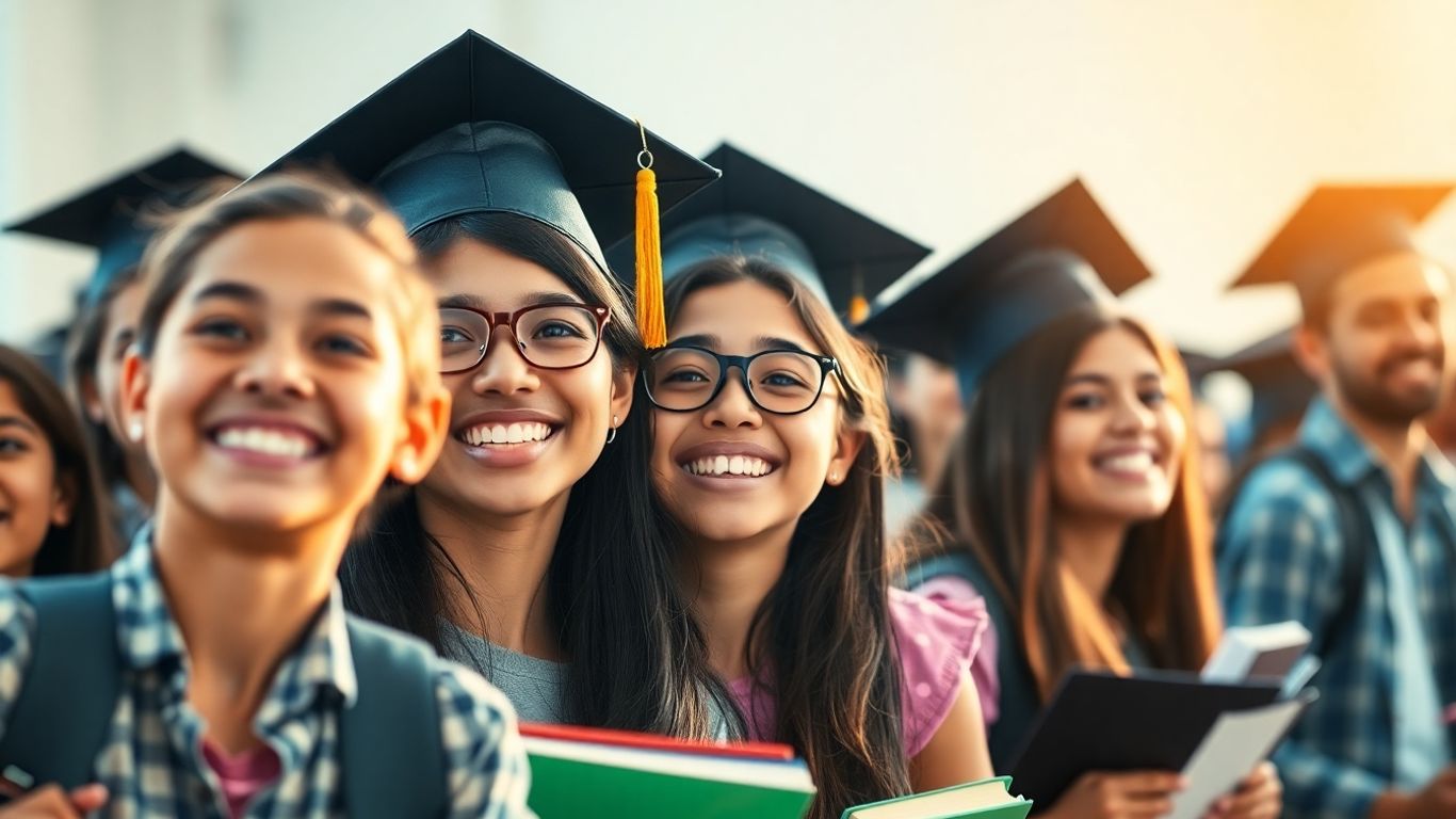 Estudantes felizes com livros e futuro promissor.
