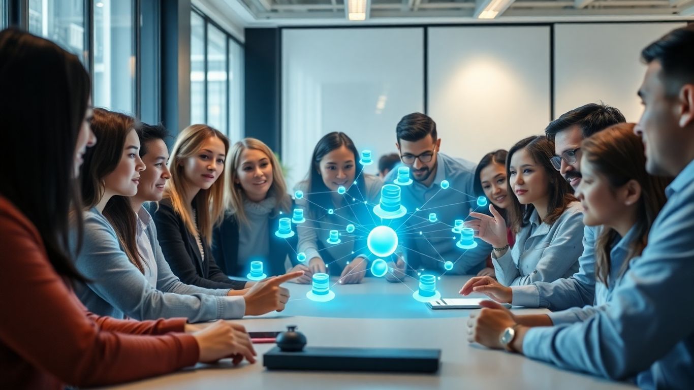 Business professionals interacting with a holographic database network.