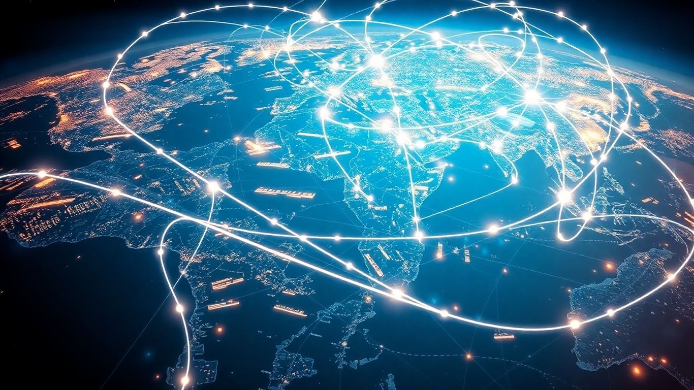 Global network connecting cities and nature with light.
