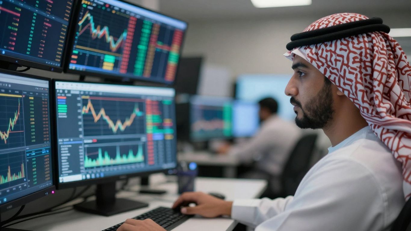 Person trading stocks on multiple glowing screens.