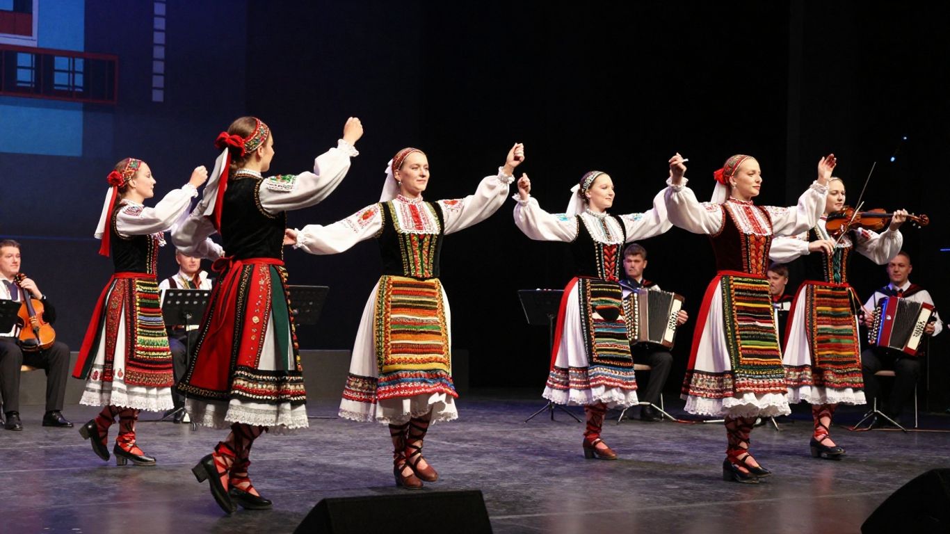 Dansatori populari români pe o scenă modernă.