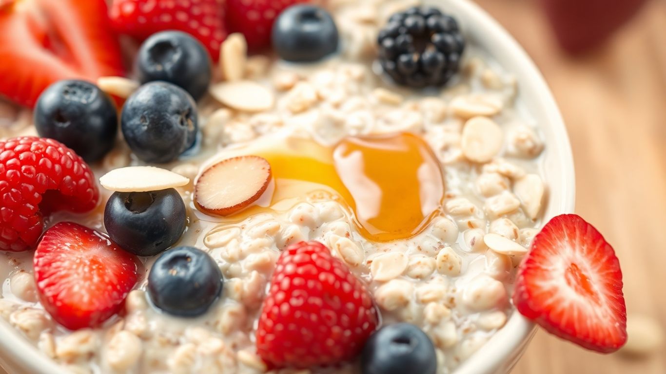 Bowl of bircher muesli with berries and almonds.
