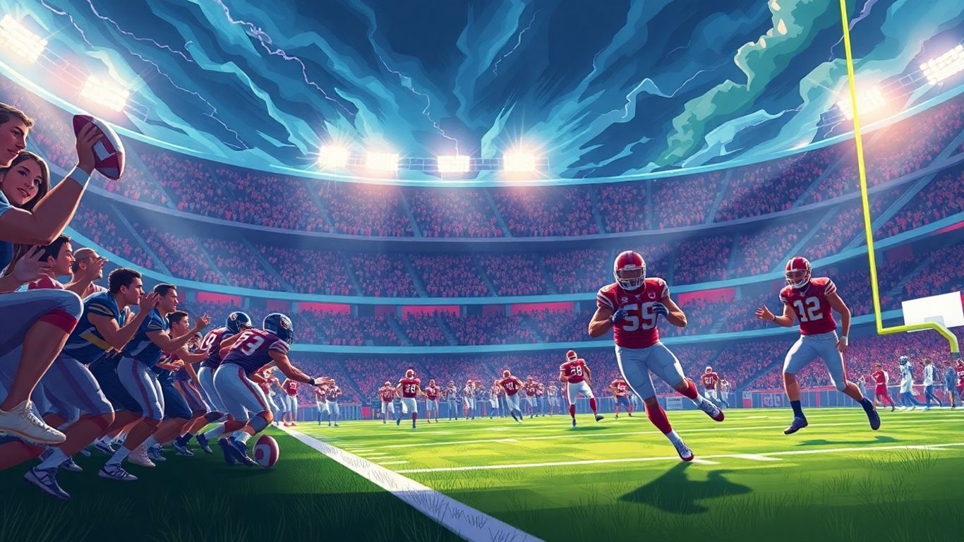 Football game in progress with cheering crowd.