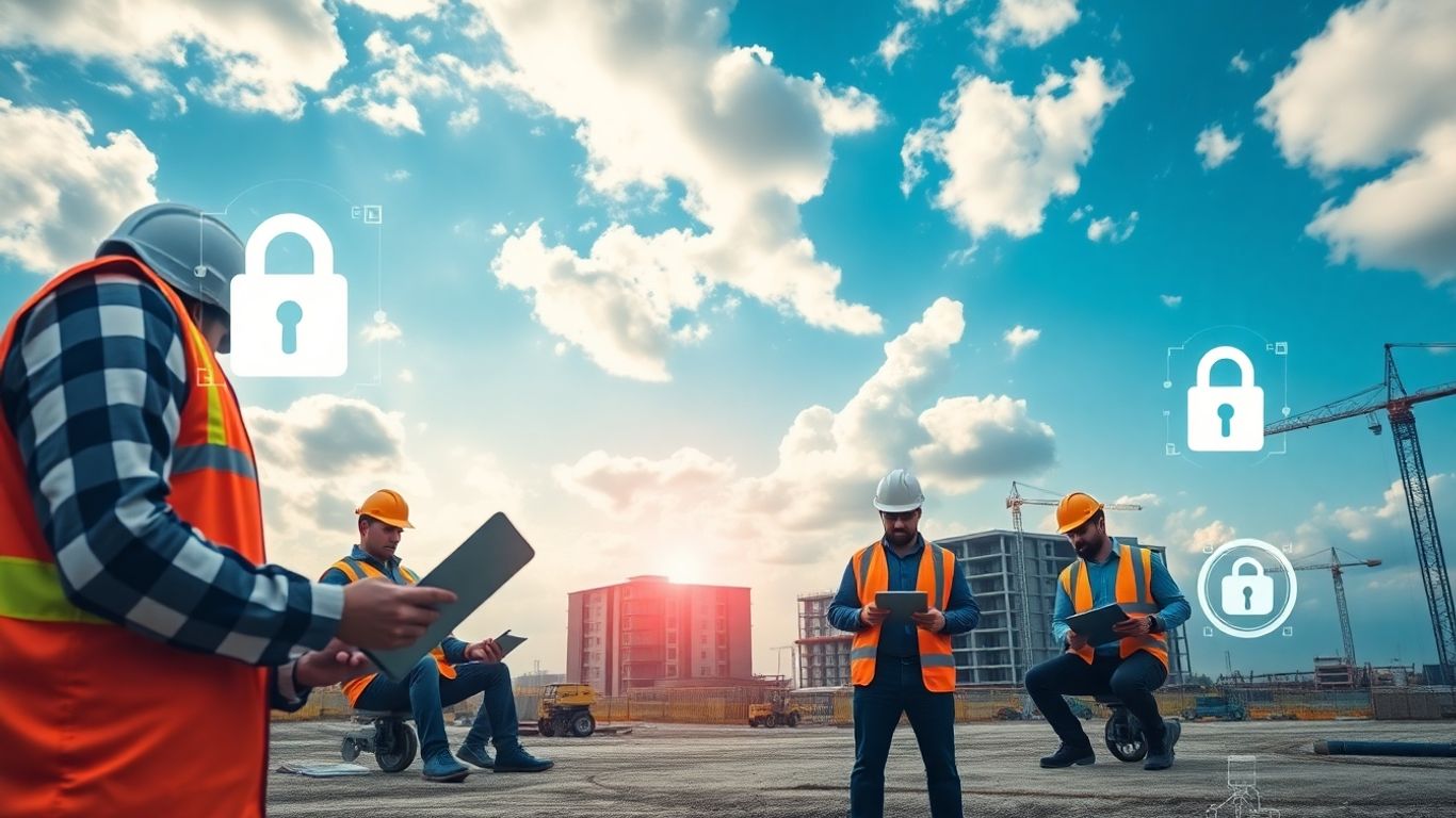 Construction workers with laptops and digital security overlays
