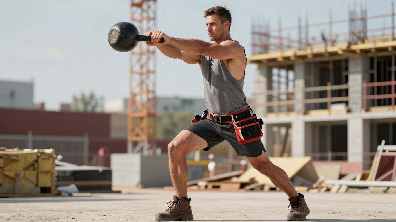 Muscular tradie performing a kettlebell swing outdoors.