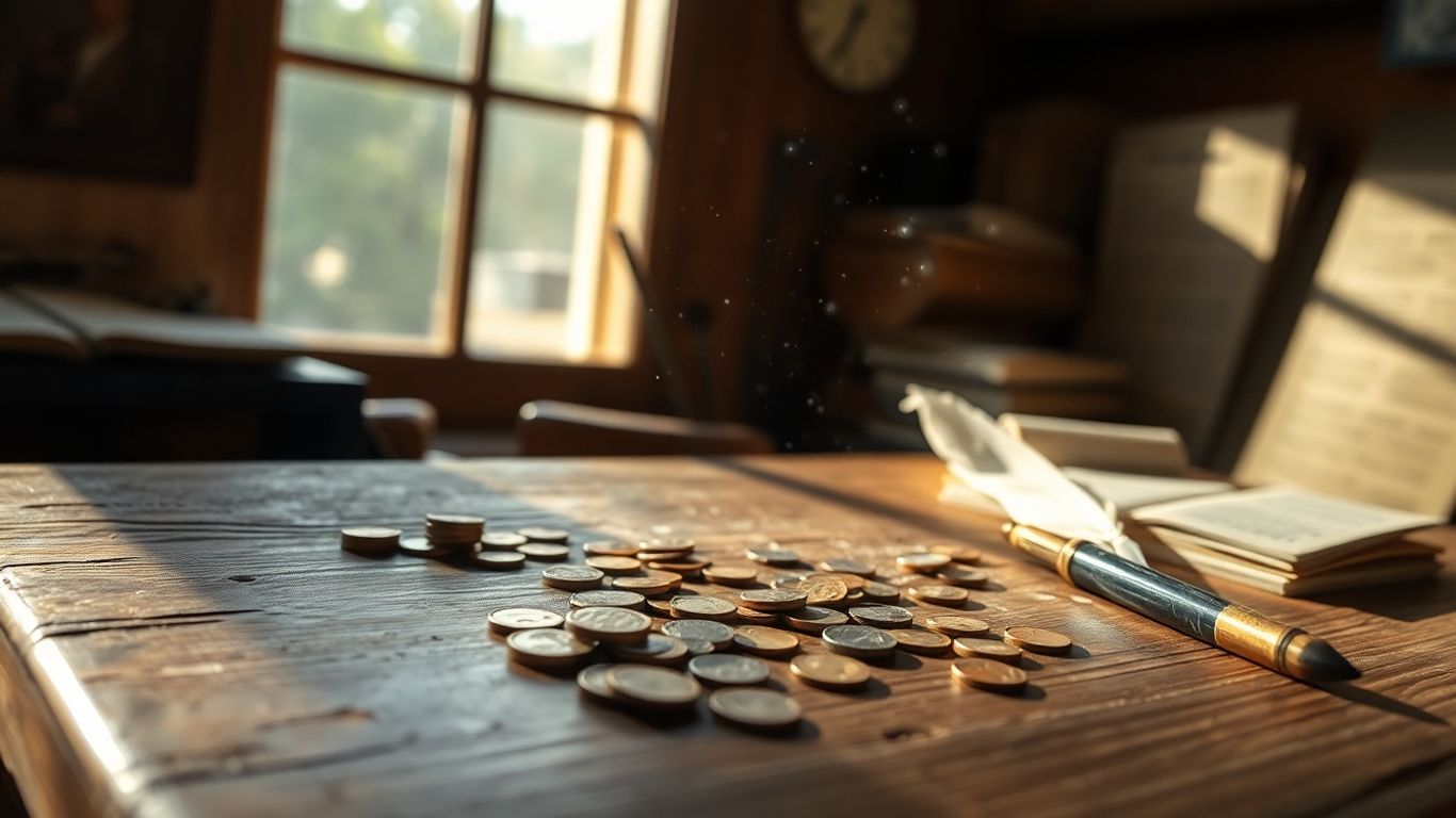 Antique coins and quill on a wooden desk.