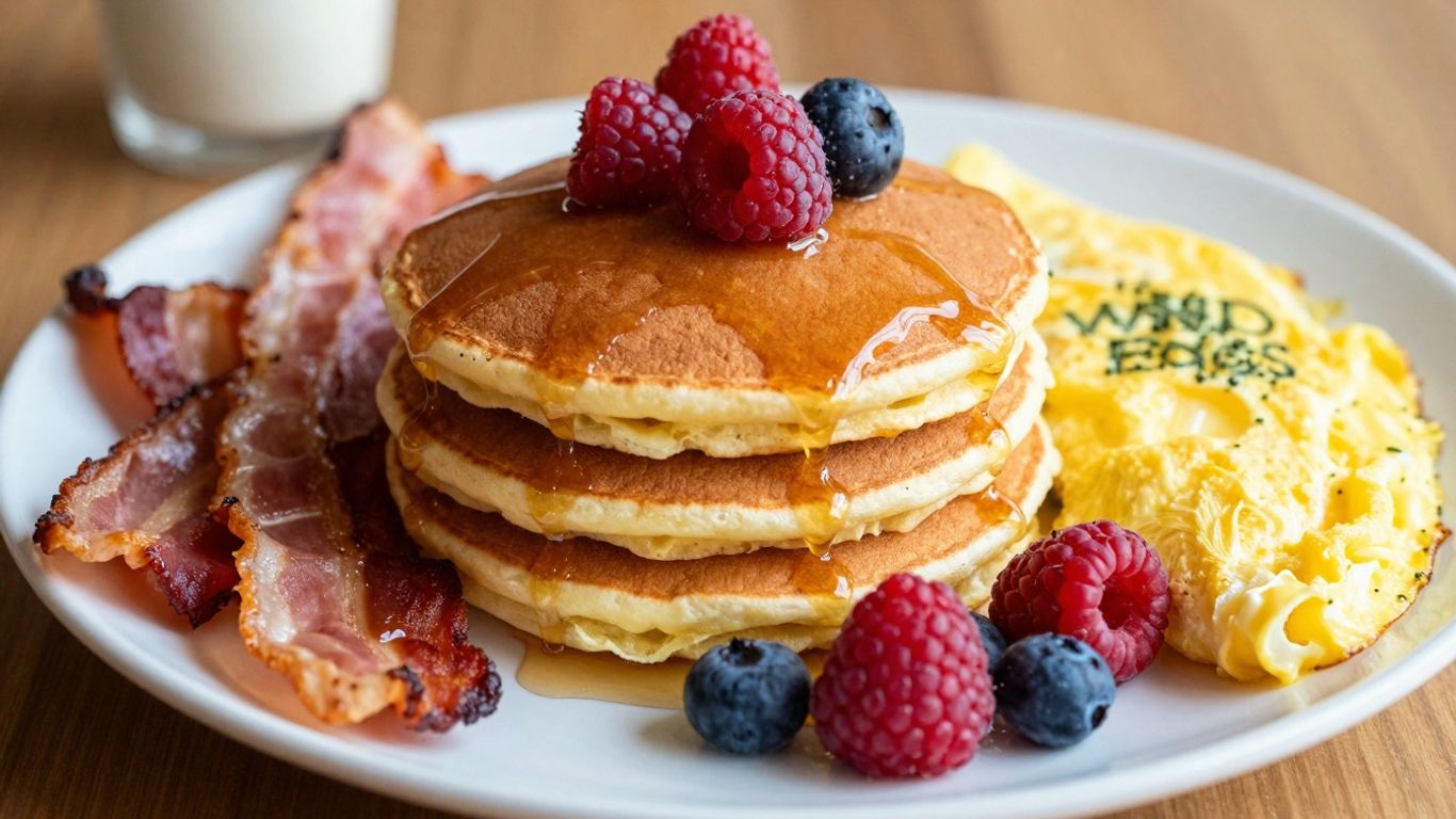 Wild Eggs Louisville breakfast spread with pancakes, bacon, and omelet.