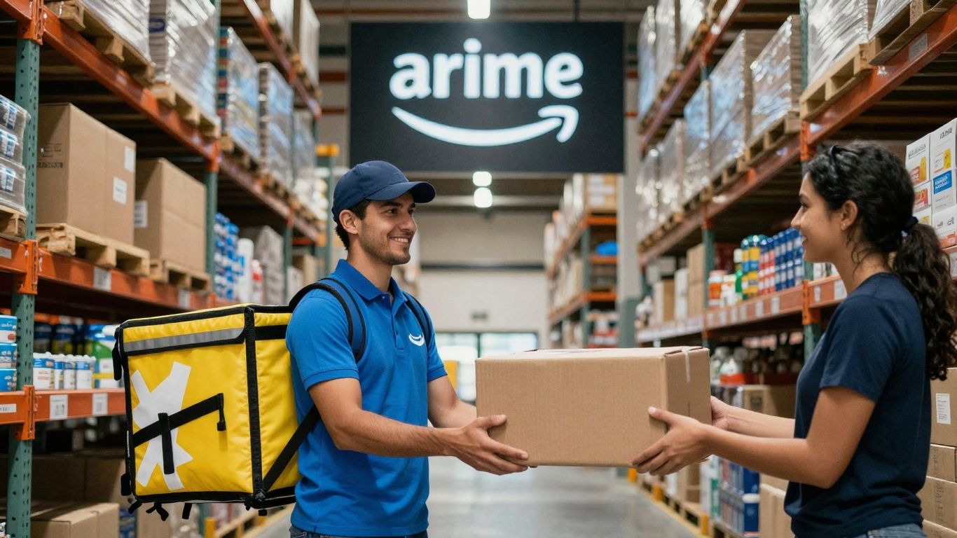 Amazon Prime logo, delivery, and warehouse.