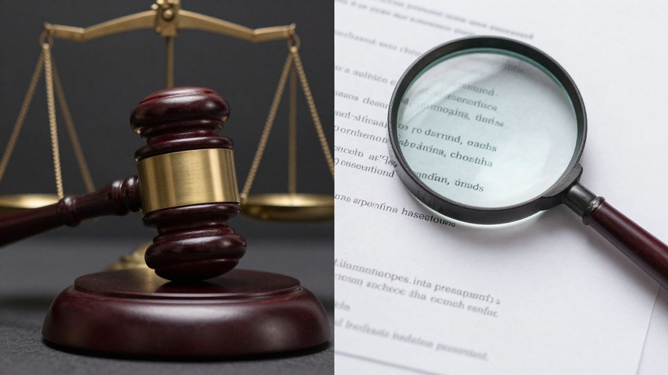 Gavel, scales of justice, and magnifying glass over documents.