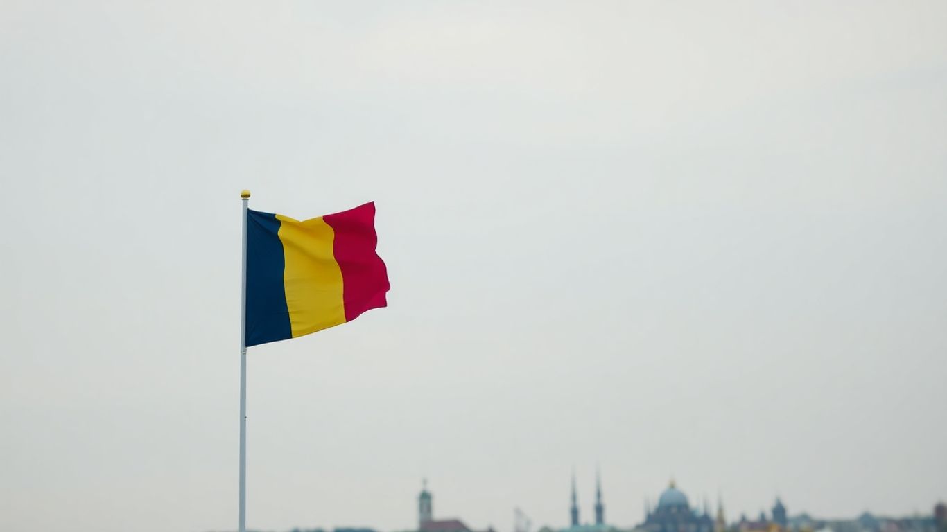 Steagul României pe fundalul cerului senin.