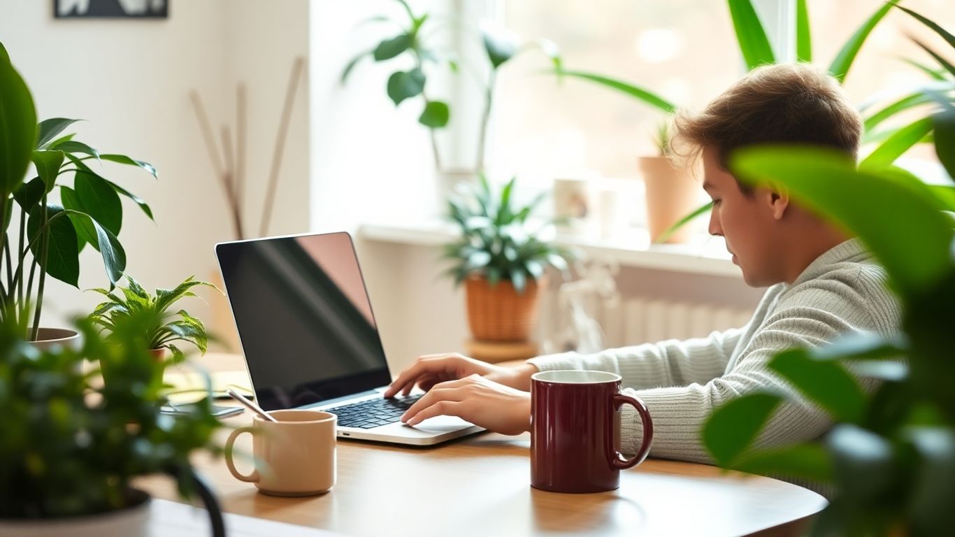 Pessoa trabalhando em casa com laptop e plantas.
