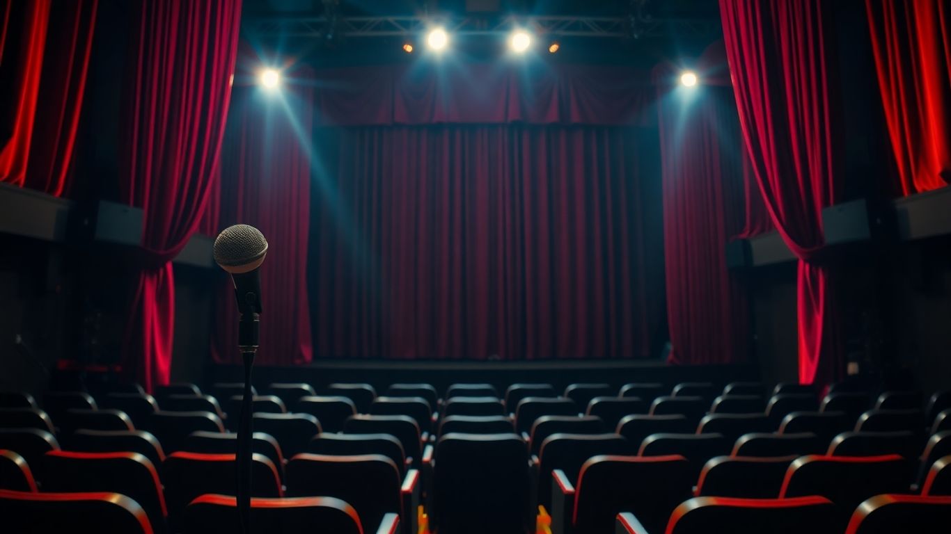 UK comedy theatre stage with microphone and red curtains