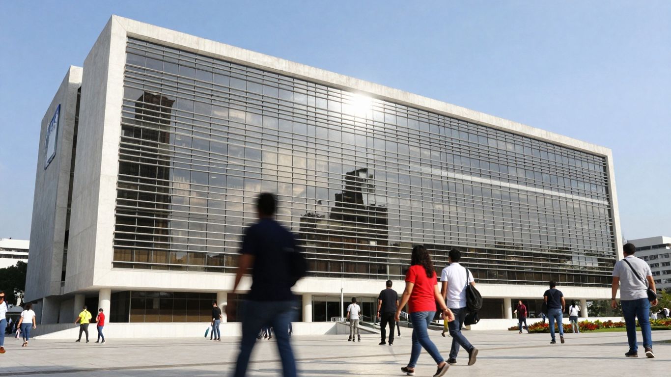 Prédio da Caixa Econômica Federal com pessoas em primeiro plano.