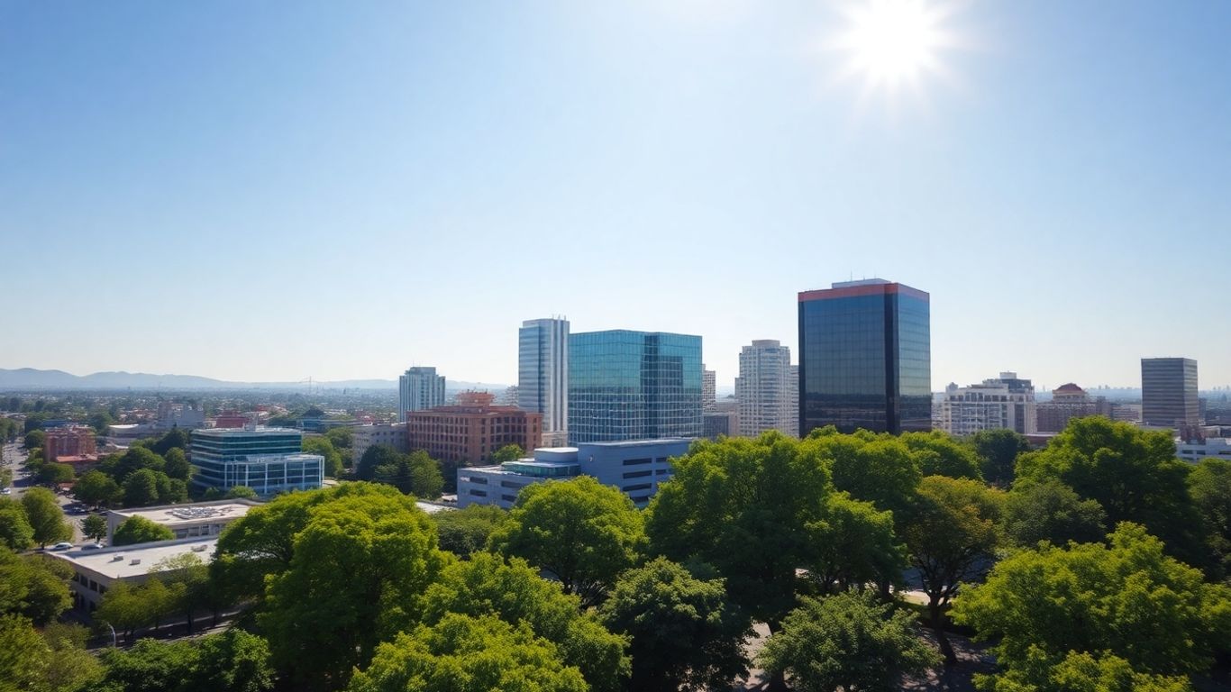 San Jose cityscape with sun and trees