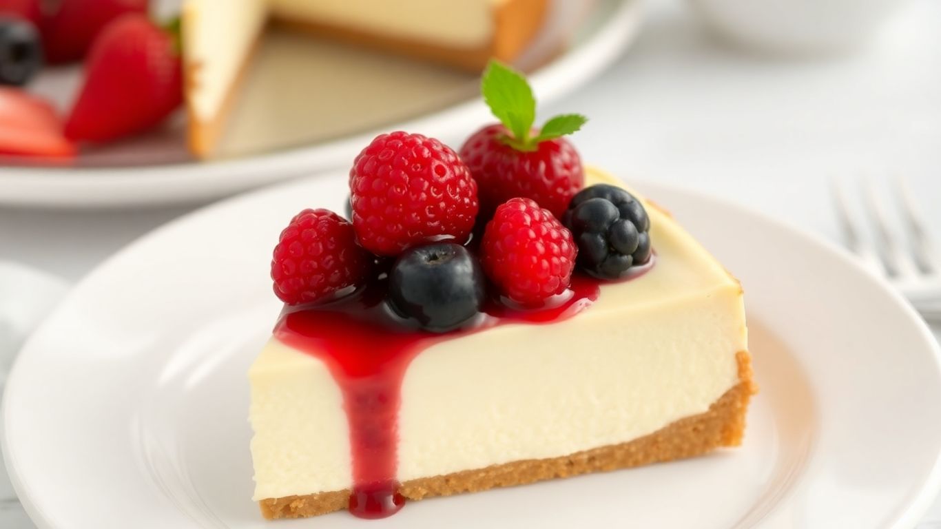 Creamy no-bake cheesecake slice with fresh berries and berry sauce.