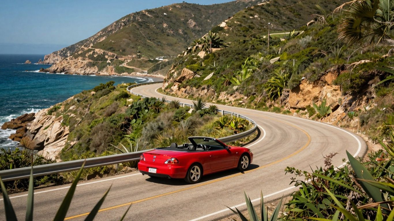 Scenic coastal highway in Cabo with a red convertible.