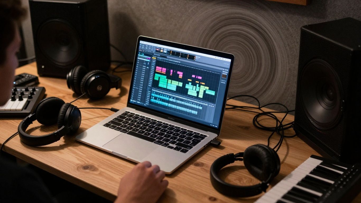 Beatmaker's desk with unfinished music project in creative chaos.