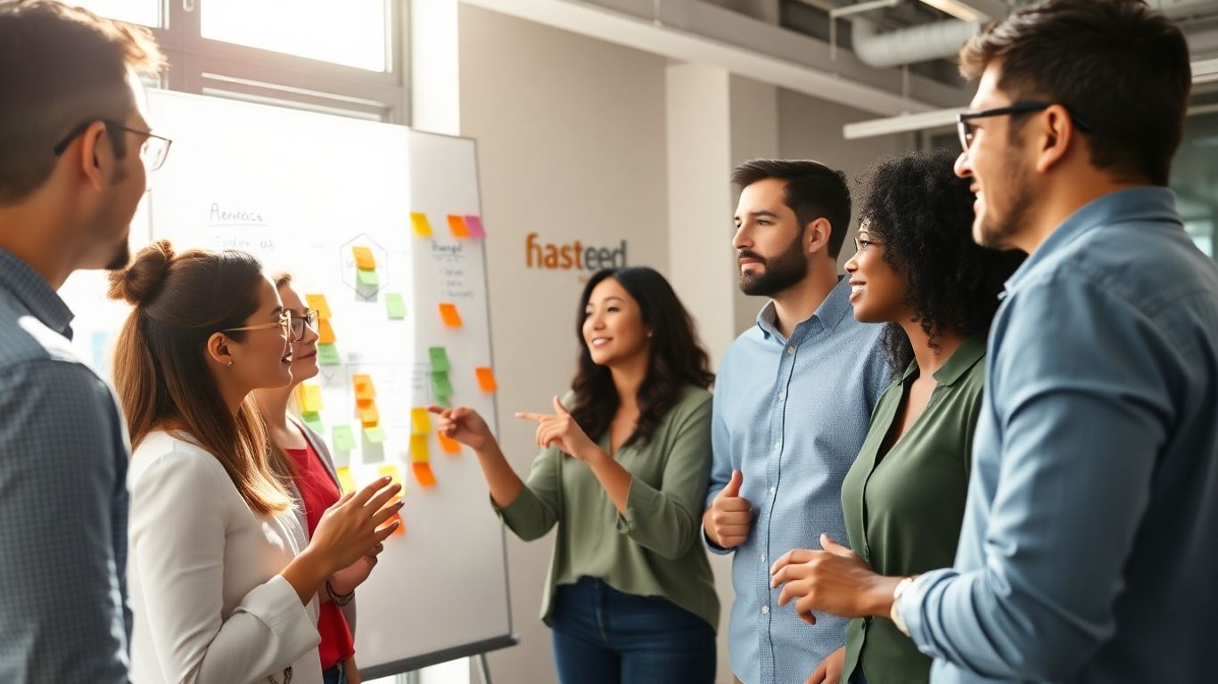 Marketing through collaboration. Marketing collaboration in a modern office setting.