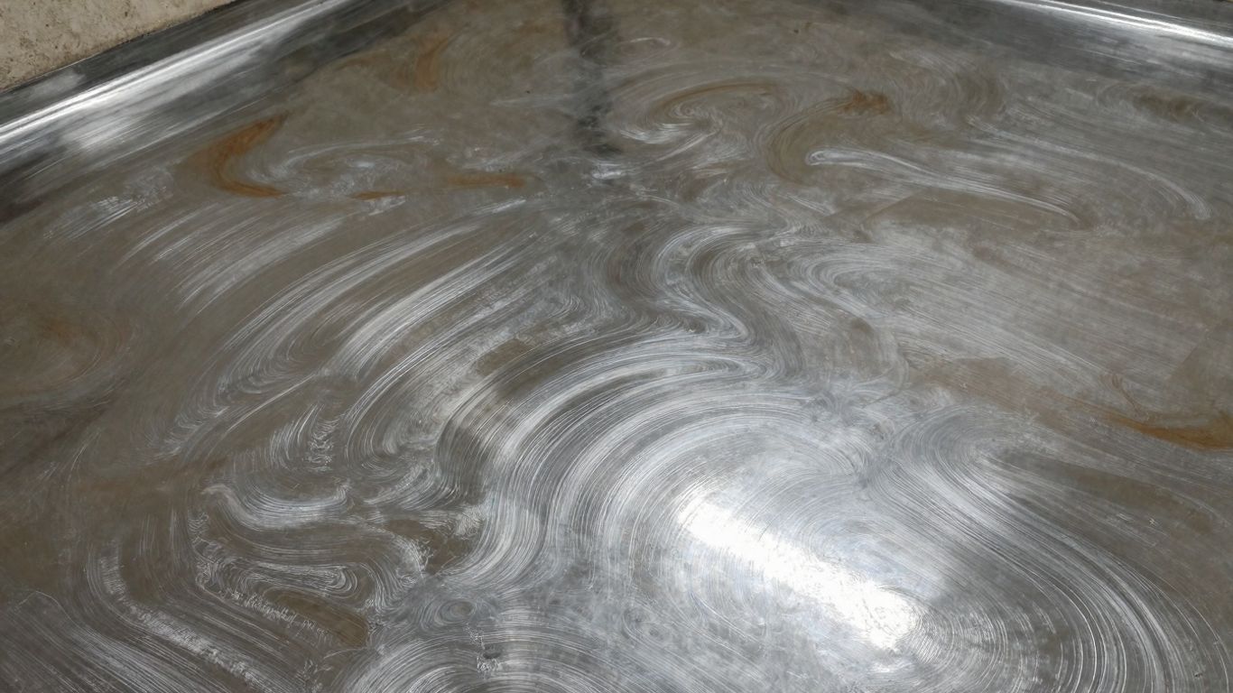 Refinished metallic epoxy floor with swirling silver and bronze patterns.