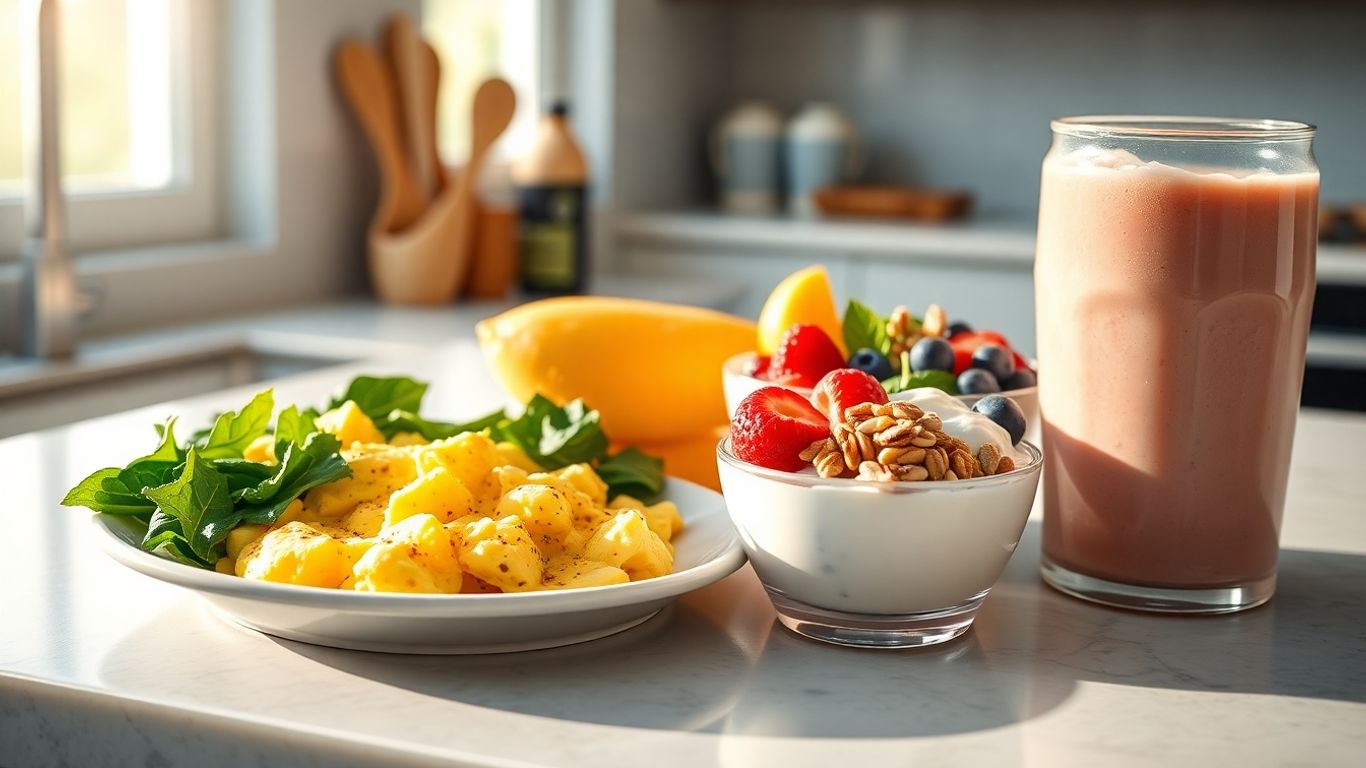 High protein breakfast meals with eggs, yogurt, and smoothie.
