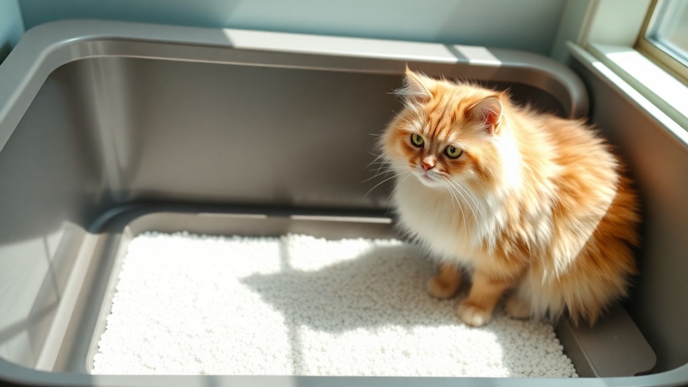 Cat litter deodorizer sprinkled in a clean litter box with a cat.