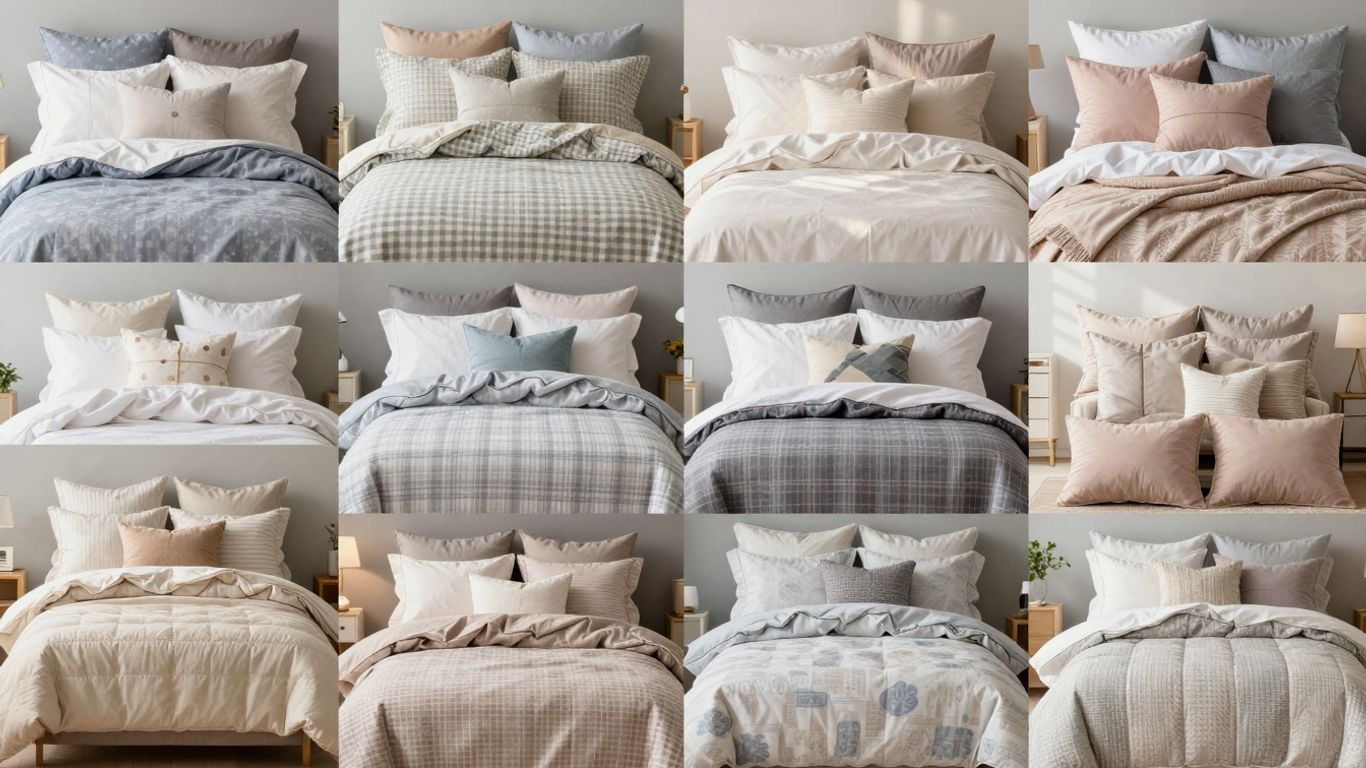 Cozy bedding textures and patterns in a sunlit arrangement.