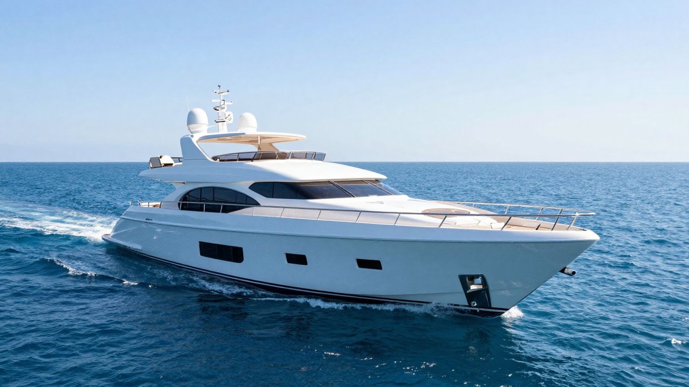 Luxurious 80-foot yacht sailing on a clear blue ocean.