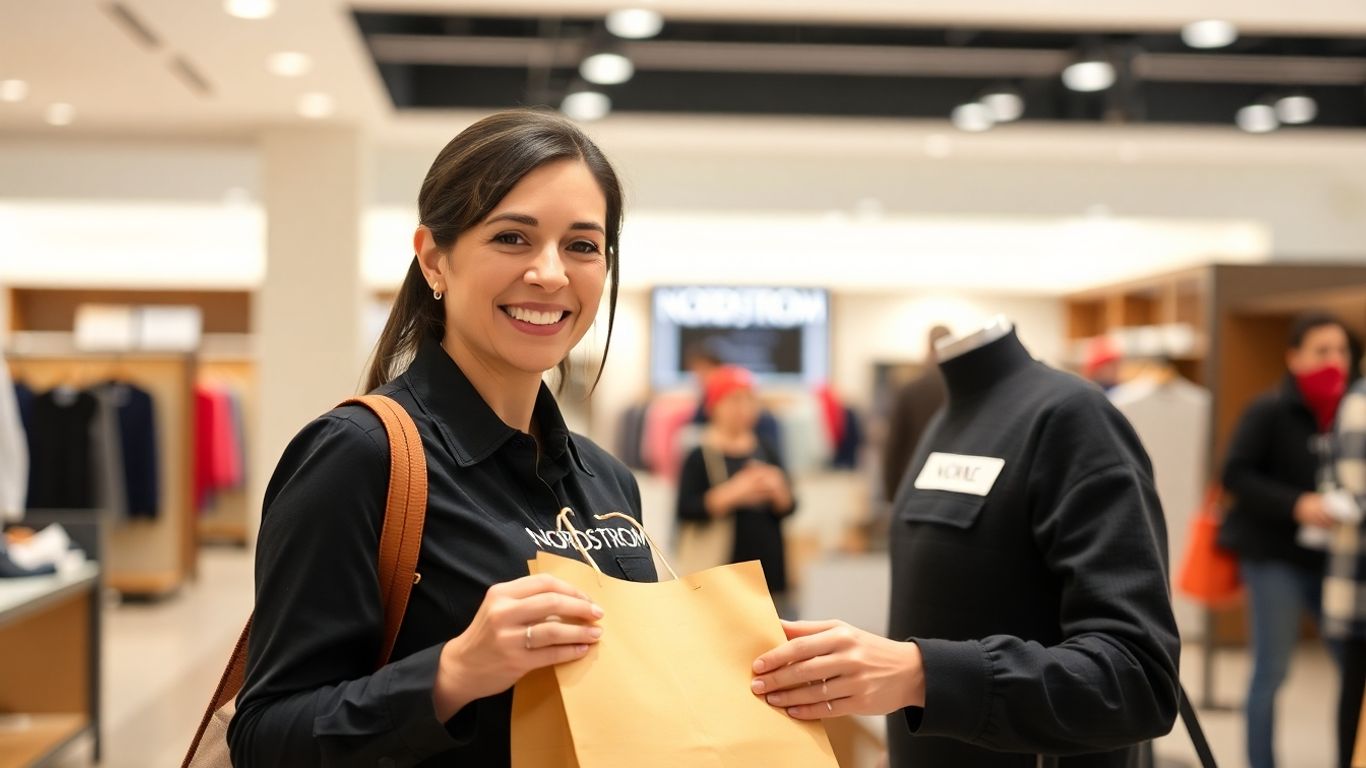 Nordstrom employee helping a customer with a shopping bag.