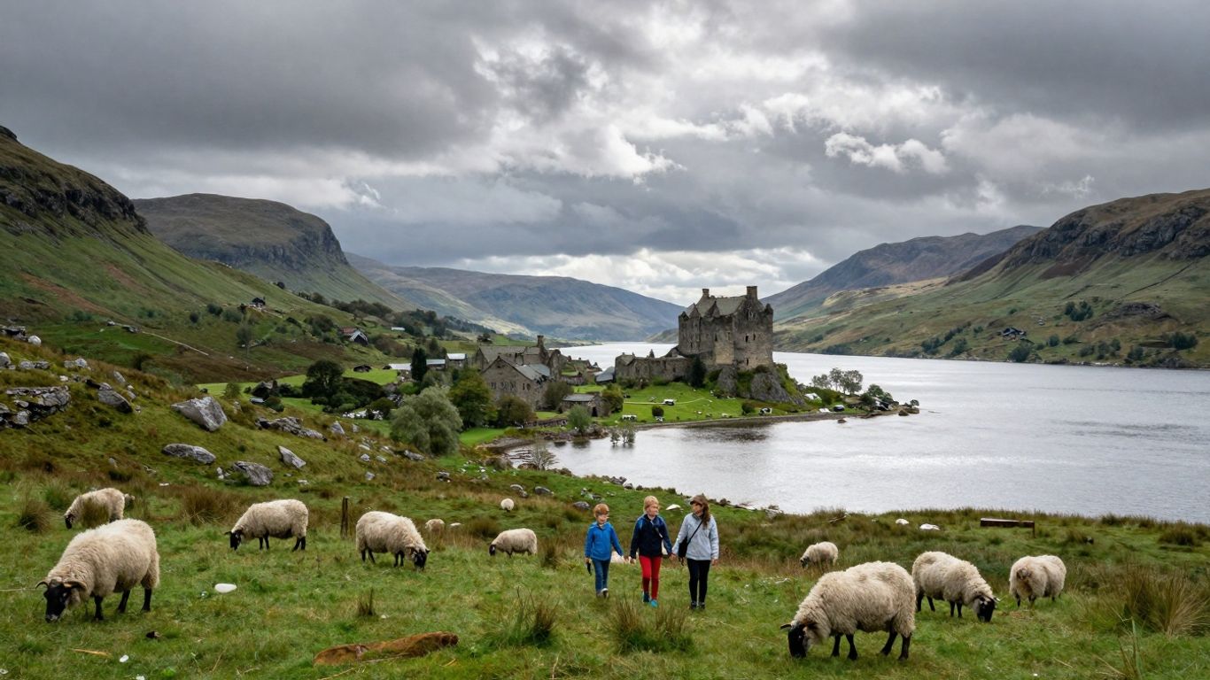 Scenic Scottish Highlands landscape with loch and castle.