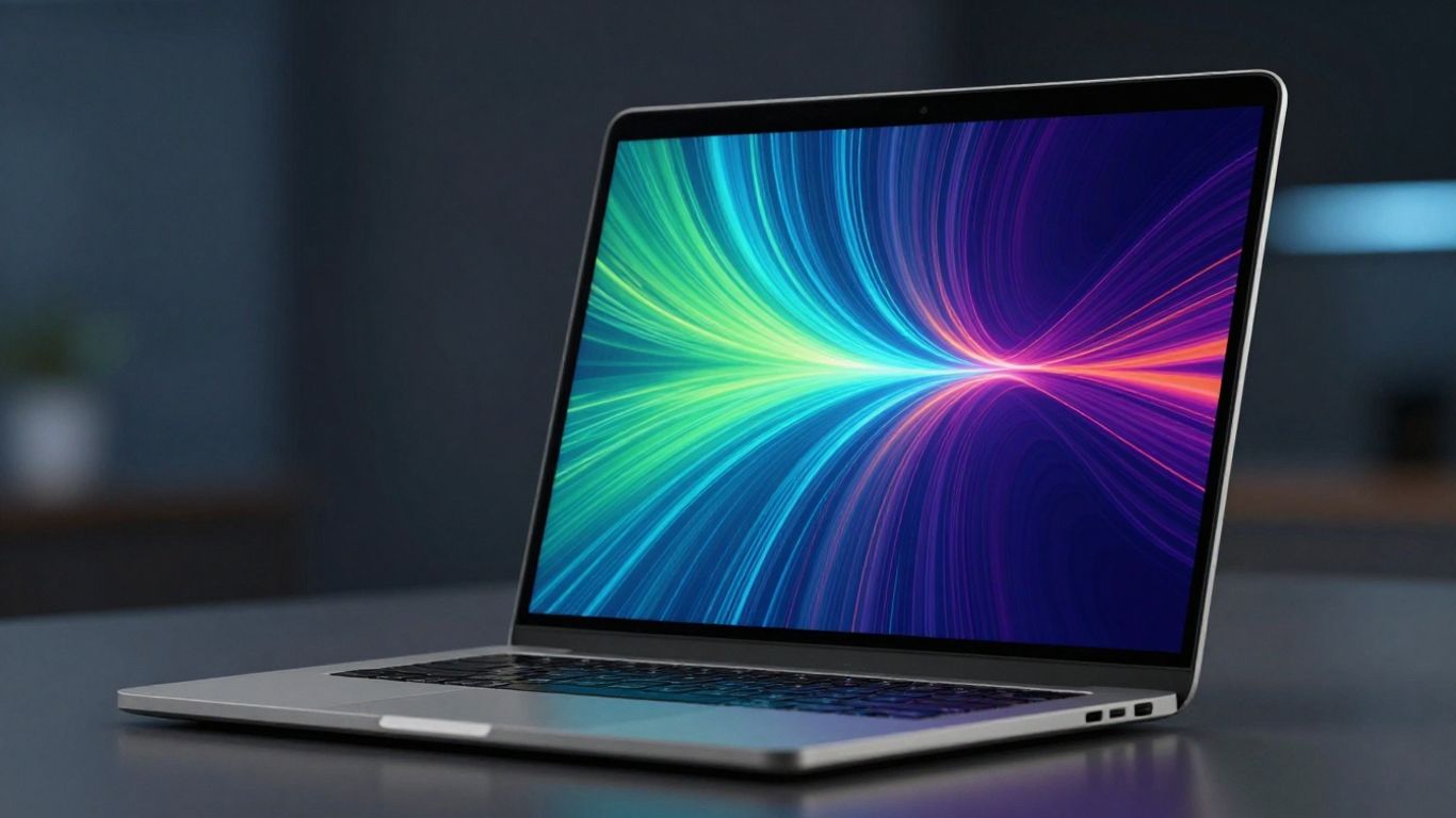 Modern laptop screen with abstract digital interface.