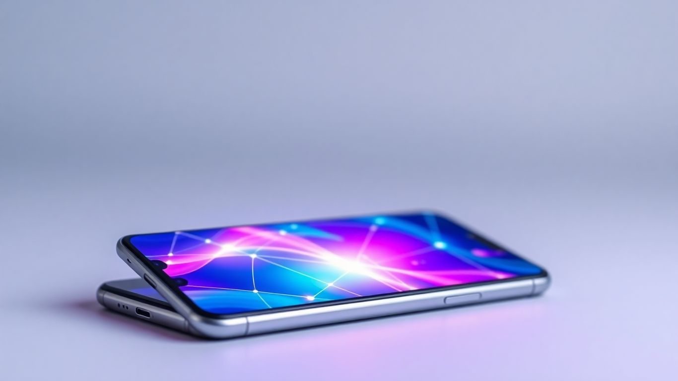 Smartphone avec interface numérique abstraite et lumineuse.