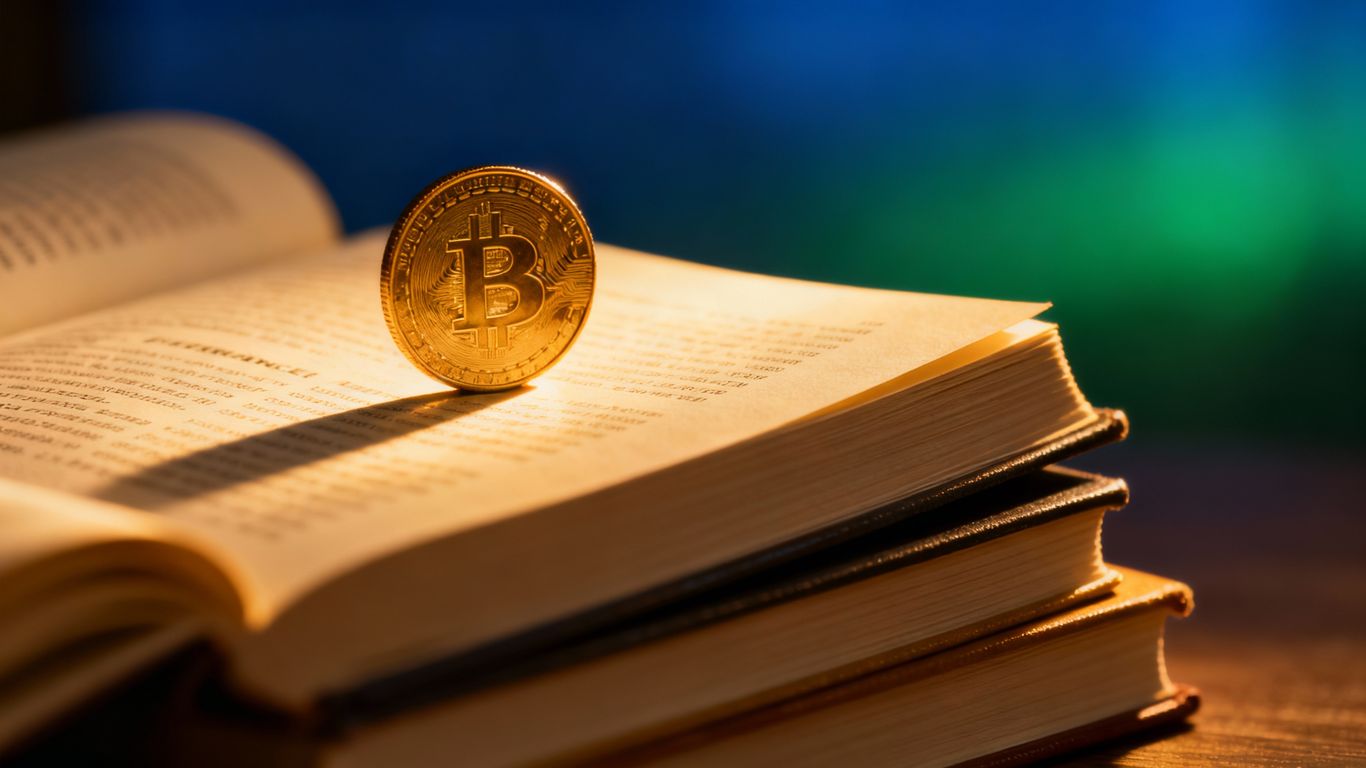 Stack of finance books with a gold coin.