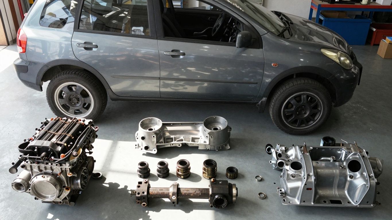 Nissan Tiida parts laid out for recycling.