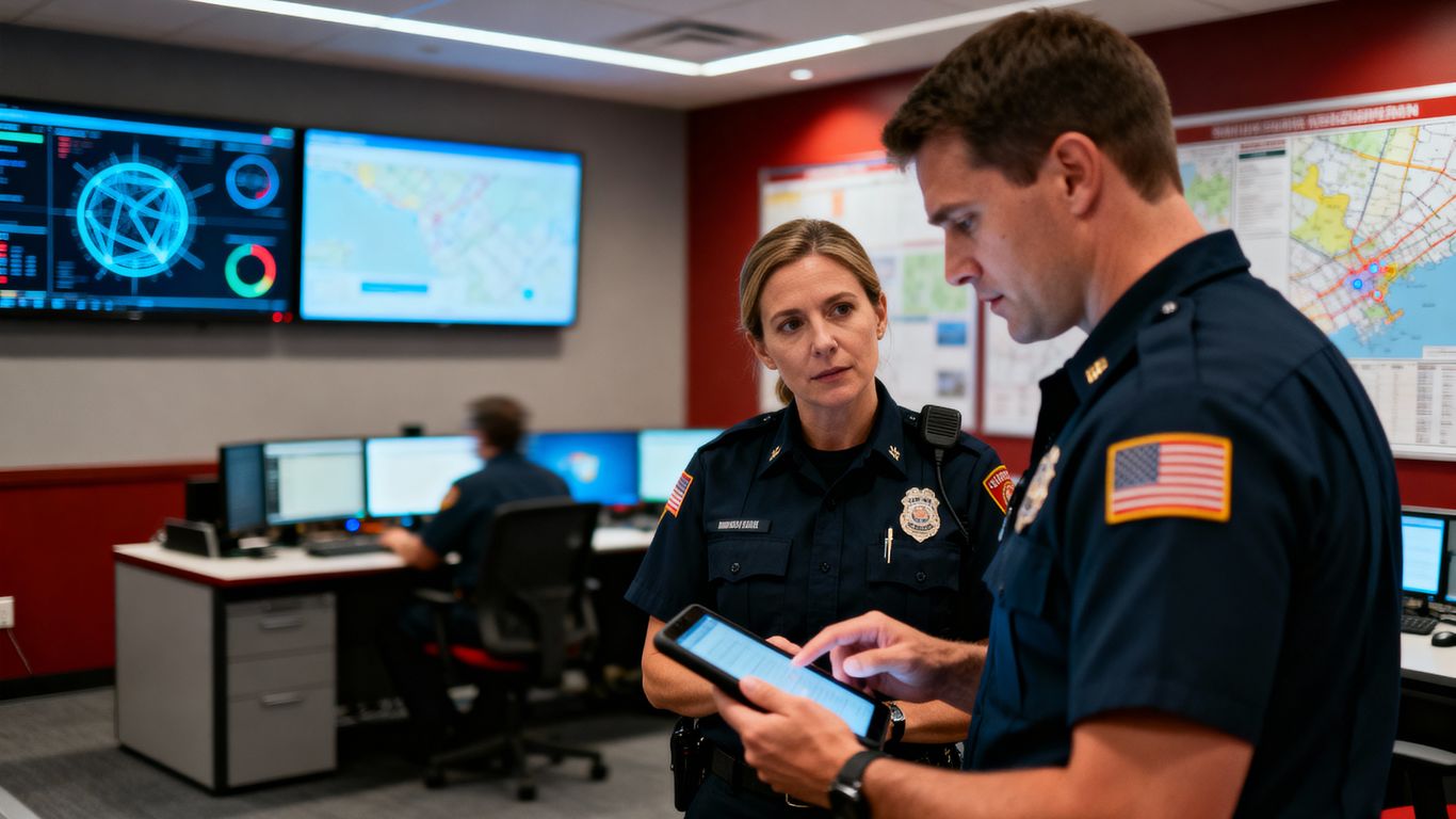Two officers in a control room looking at a tablet.