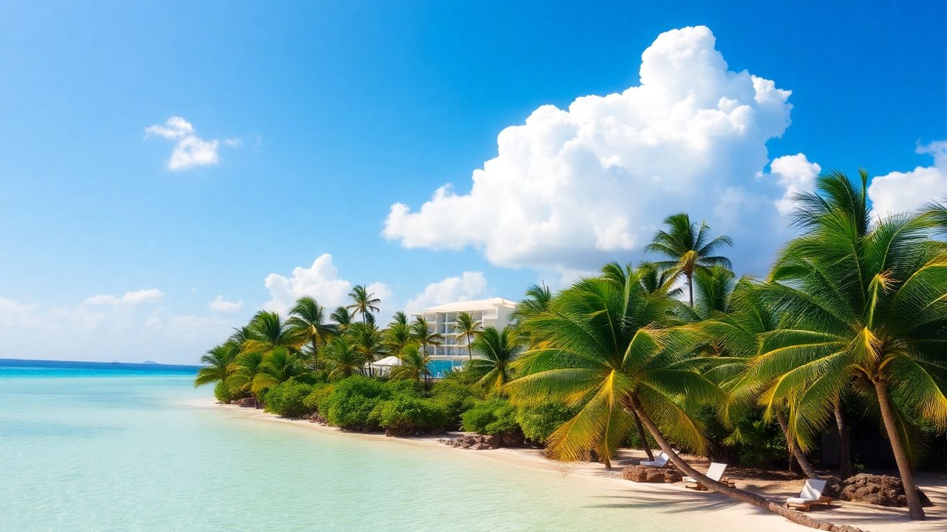 Tropical beach with resort and clear blue water.