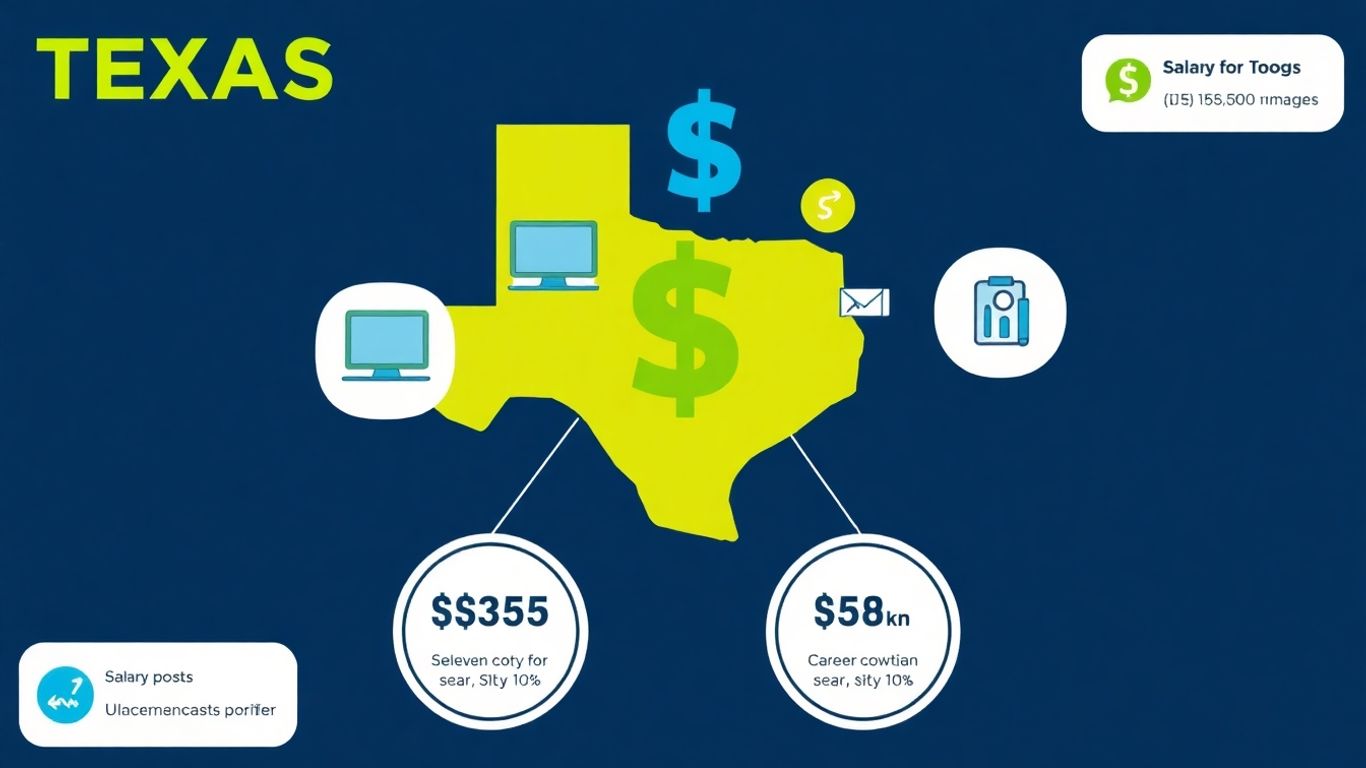 Texas IT technician salary infographic with dollar sign and computer icons.