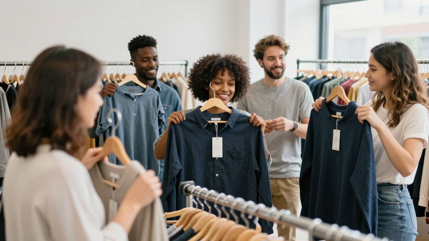 People trying on clothes, checking sizes with confidence.