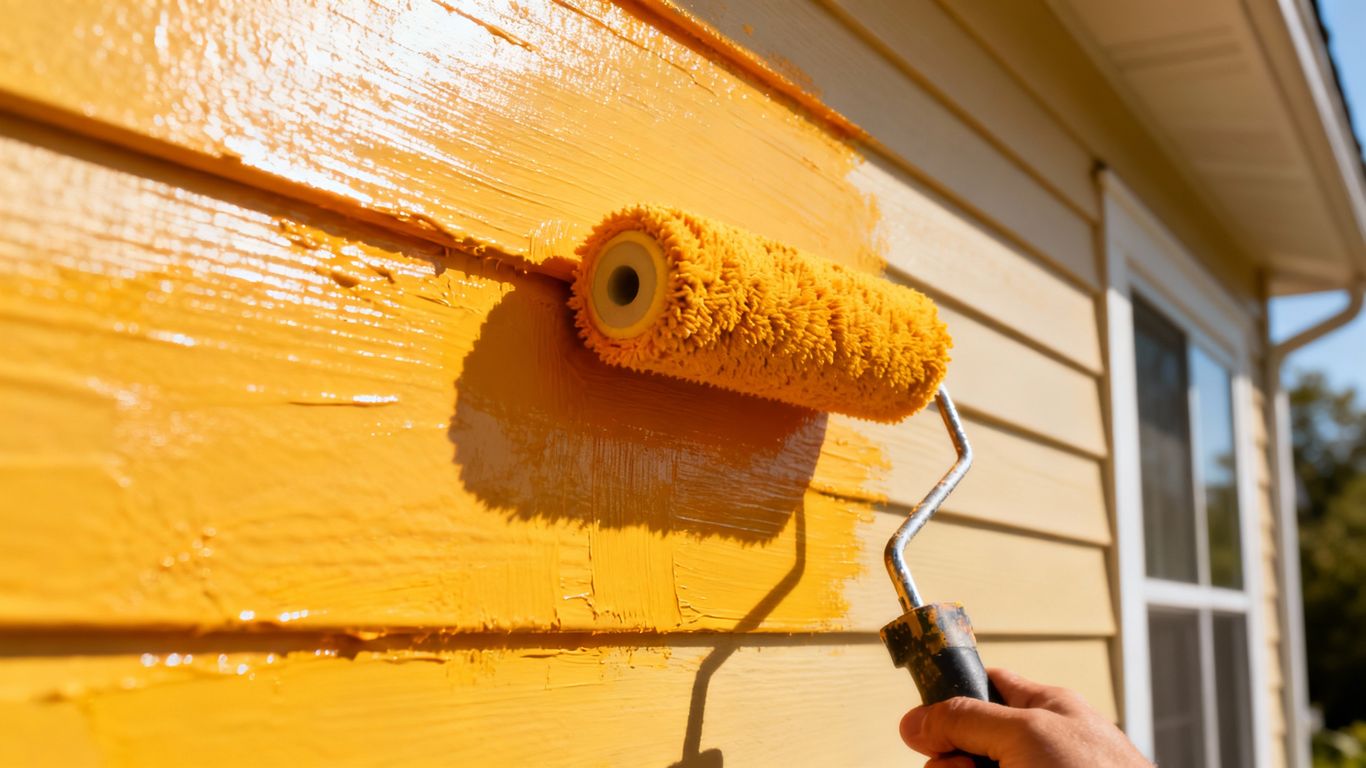 House exterior wall being painted with durable exterior paint.