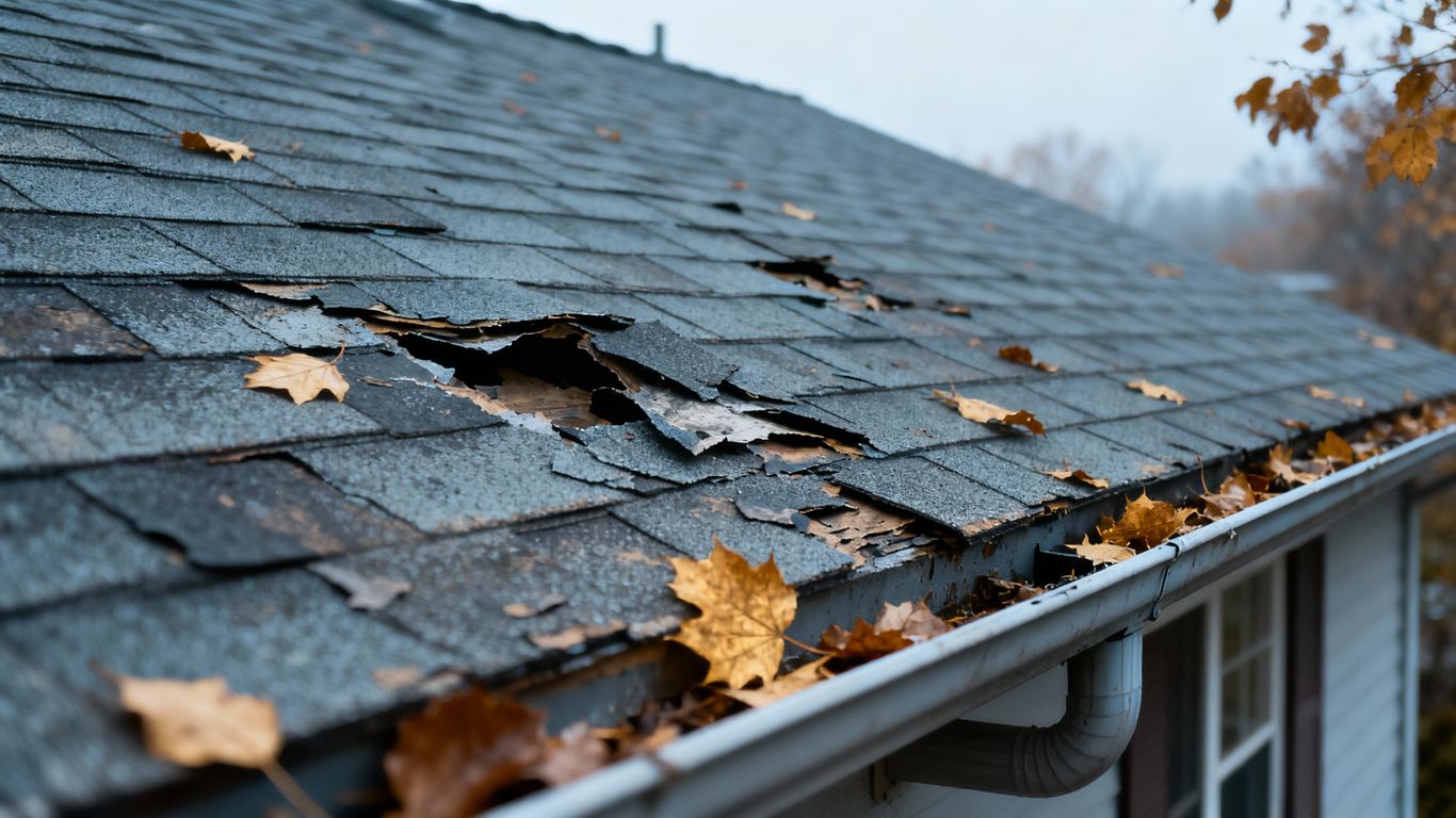 Damaged roof with missing shingles under cloudy sky
