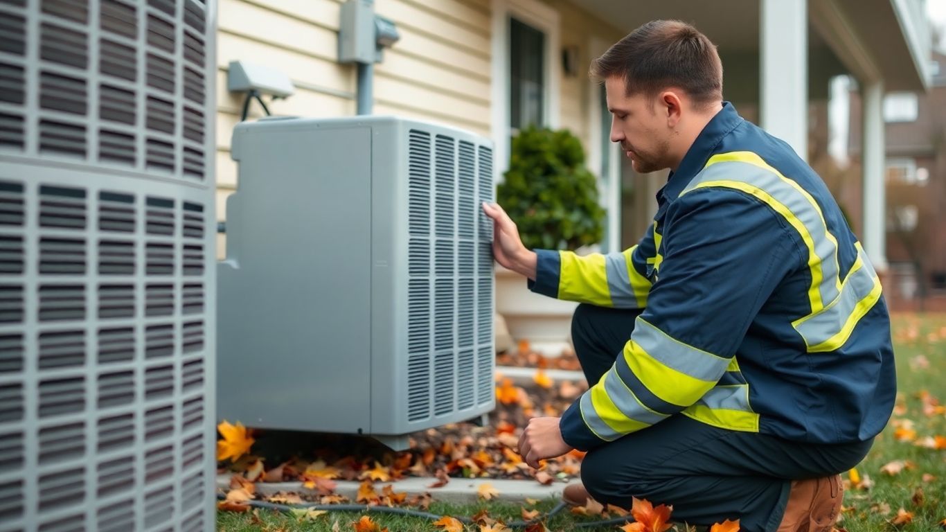 HVAC technician servicing outdoor unit for cold weather.