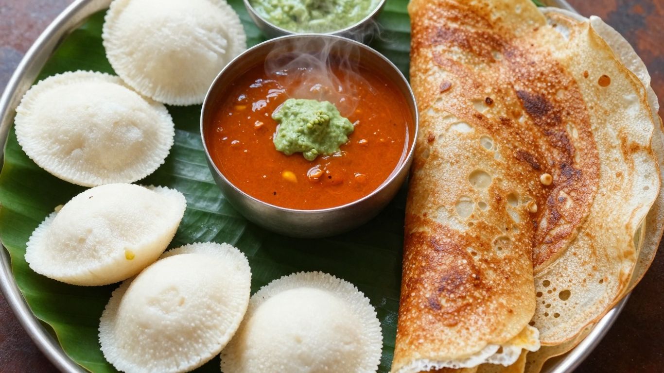 South Indian breakfast spread with idli, dosa, sambar, and chutney.