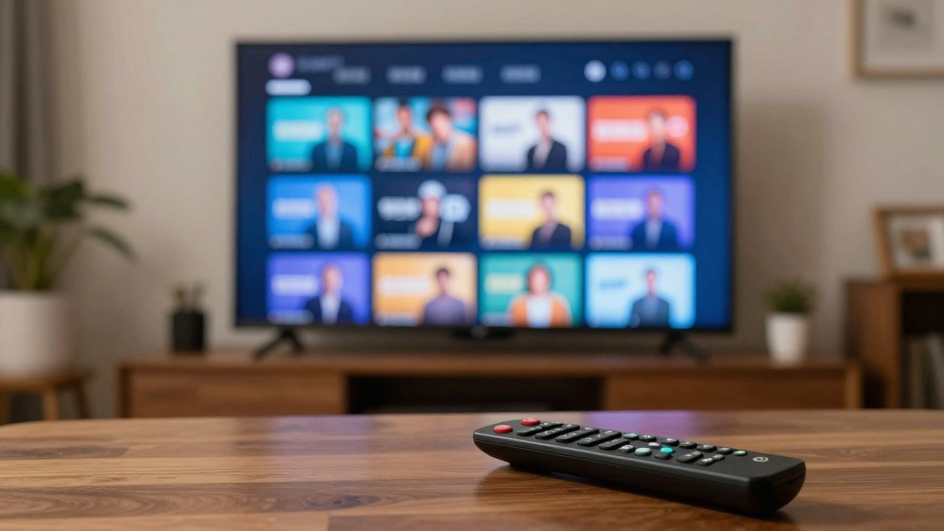 Modern living room with IPTV streaming on large TV